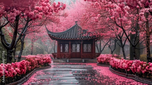 Cherry Blossoms creating a pink canopy over a traditional tea house