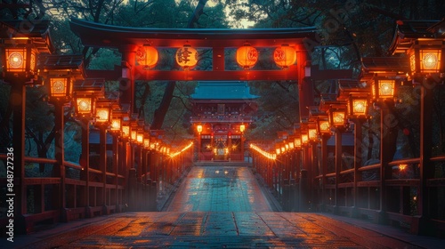 A sacred Shinto Shrine illuminated by lanterns at night