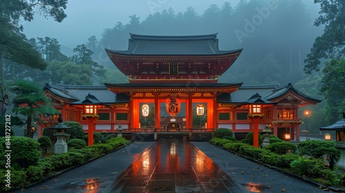 A sacred Shinto Shrine illuminated by lanterns at night