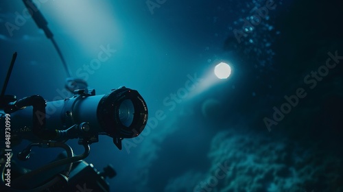 Detailed view of a strobe light attachment on an underwater camera, poised to illuminate the dark ocean depths. 
