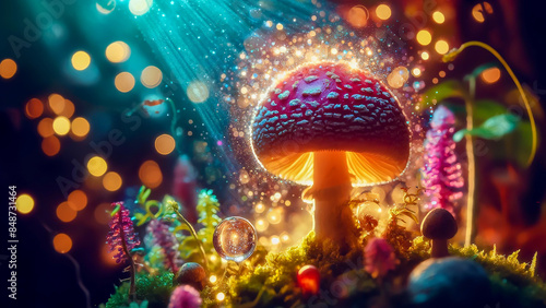 magical mushroom in a fantasy enchanted fairy tale forest.mushroom glows with an ethereal light