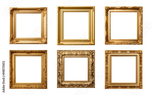 Collection of antique gold picture square frames isolated on a transparent background, PNG