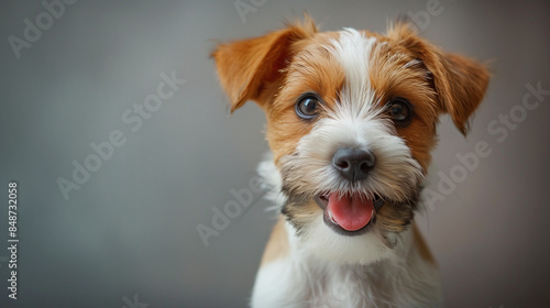 portrait of a puppy sitting on the floor, gray background