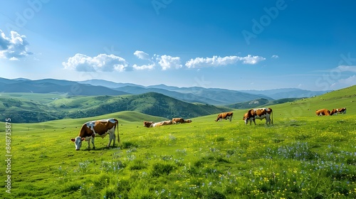 Dairy Cows Grazing on Lush Green Hillside with Clear Blue Sky Landscape