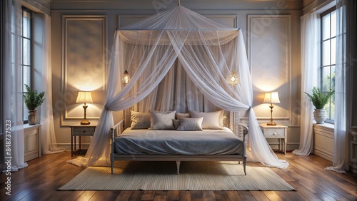 Dreamy bedroom with canopy bed draped in sheer fabric creating a whimsical atmosphere, whimsical, dreamy, bedroom
