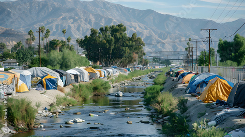 homeless encampment perched in the Los Angeles River