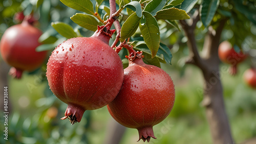 Pomegranate tree closeup fruit orchard green leaf in background with copy space Ai generative.