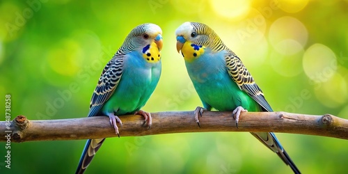 Two budgerigars perched on a branch , budgerigars, birds, parakeets, perched, colorful feathers, pets, cage, aviary