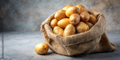 Raw fresh potatoes in burlap bag isolated on background, potatoes, fresh, raw, burlap bag, isolated
