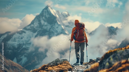 Determined Hiker Conquers Steep Mountain Ascent with Trekking Poles Inspiring Snowy Peak Visible in the Distance