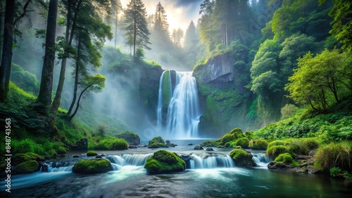 A breathtaking nature landscape with a waterfall nestled in a misty forest , waterfall, nature, landscape, misty, forest