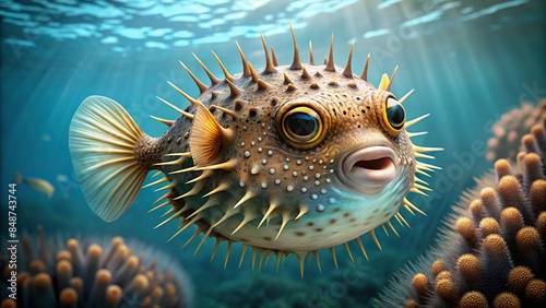 Radiant and Resilient A photorealistic depiction of a post-nuclear pufferfish, Radiant, Resilient, Pufferfish, Post-nuclear