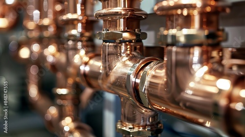 Copper pipelines of a heating system located in the boiler room, highlighting plumbing services --