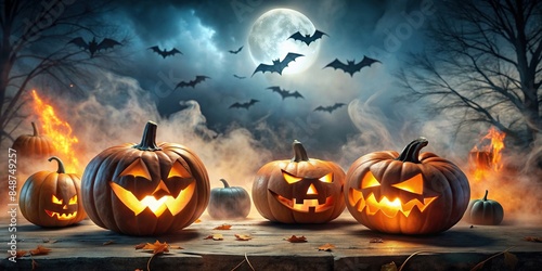 Spooky Halloween scene with carved pumpkins, fog, and bats flying in the background, Halloween, scene, spooky, carved pumpkins