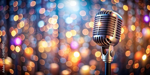 Closeup of retro microphone on stage with a bokeh background, retro microphone, stage, music, performance, vintage