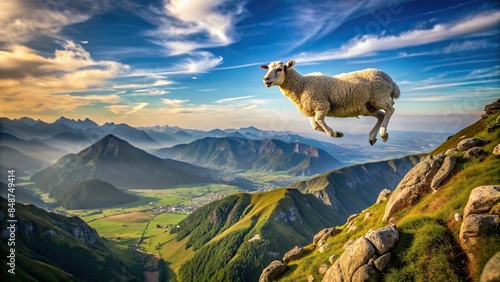 Aerial view of a sheep flying over majestic mountains , sheep, flying, aerial view, mountains, sky, adventure, surreal