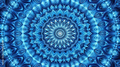 Blue mandala concentric flower center kaleidoscope isolated on dark background, crystal systematic art design pattern