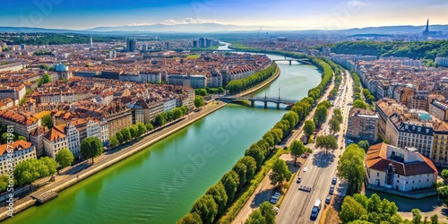 Aerial view of Sa?ne River in Lyon, France showing both riverbanks , Lyon, France