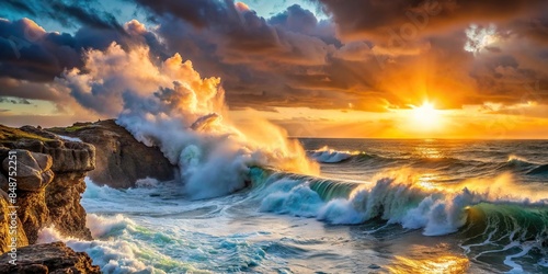 Spectacular hurricane photo of ocean wave crashing on rocky cliff with sunset horizon in background , hurricane