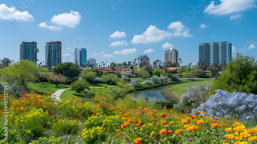 Springtime view of the Costa Mesa, California skyline