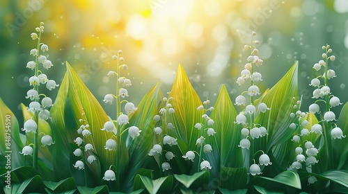  A cluster of Lily of the Valley blooms in sharp focus against a hazy backdrop of green foliage and radiant sunlight