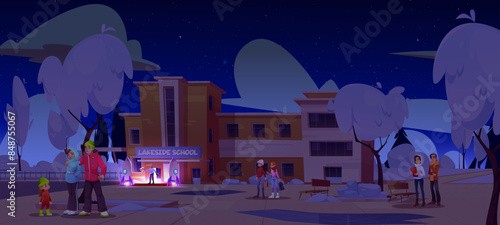 Scared people looking at crazy scientist in school yard. Vector cartoon illustration of evil man standing with red remote control button in hand, two space rockets near building, dangerous experiment