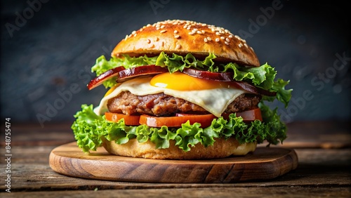 Hamburger with fried egg, beef, bacon, lettuce, and cheese, burger, fried egg, beef patty