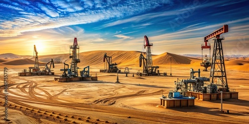 Oil drilling rigs in the desert extracting petroleum from the ground, oil drilling, rigs, oil field, desert, extraction
