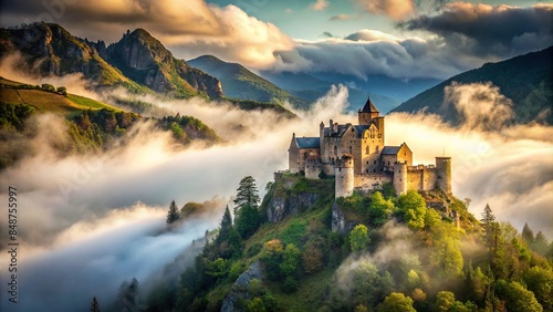 Old castle nestled in the mountain range with misty clouds surrounding it, castle, medieval, ancient, fortress, mountain