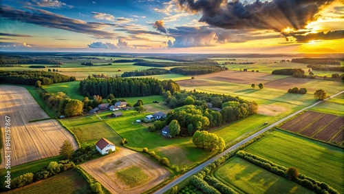 Cosmic-rustic countryside aerial view , rural, natural, landscape, stars, sky, trees, farm, fields, rustic, tranquil, serene
