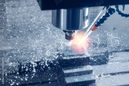 Working closeup CNC turning cutting metal Industry machine iron tools with splash cutting fluid water