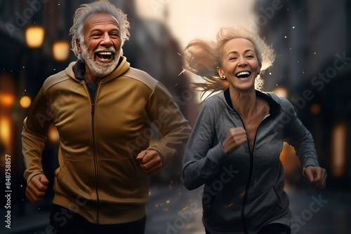 An elderly joyful married couple is jogging along a city street. Gray-haired man and woman doing sports early in the morning or at sunset.