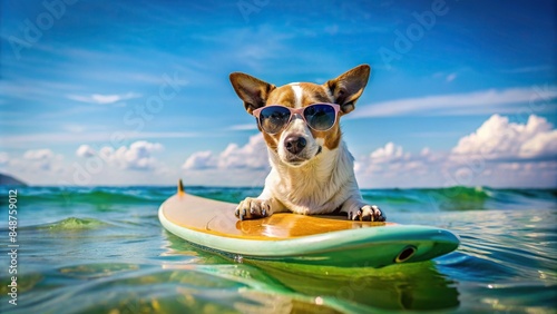 Dog in sunglasses laying on surfboard floating in the sea, dog, sunglasses, surfboard, floating, sea, water, pet, ocean