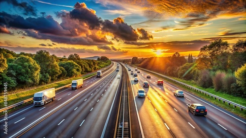 Heavy traffic on UK motorway at sunset with motion blur, rush hour, congestion, vehicles, transportation, highway, car lights
