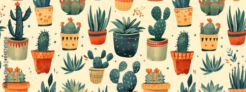 Seamless pattern featuring a variety of succulent plants in pots of different shapes and sizes.