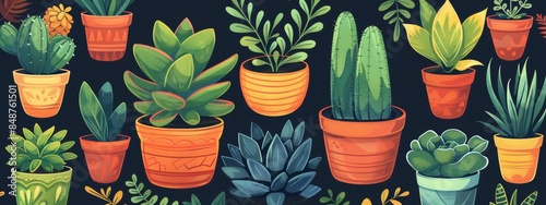 Seamless pattern featuring a variety of succulent plants in pots of different shapes and sizes.