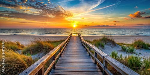Tranquil beach scene at sunset with boardwalk leading to the water, coastal, escape, boardwalk, beach, tranquil, sunset