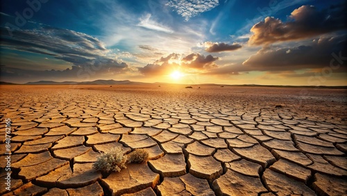 Dry and cracked earth in a barren landscape, Drought, arid, desert, dehydration, thirsty, climate change, global warming