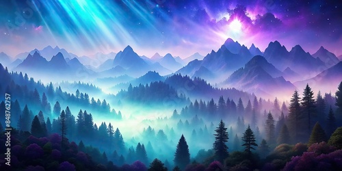 Abstract landscape of purple, blue, mint green mountains with trees and light rays piercing through cosmic mist , abstract