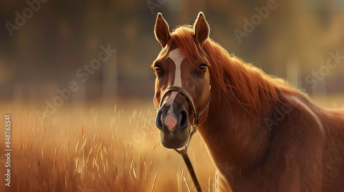  Close-up of horse in tall grass with tree backgrounds and blurry backdrop