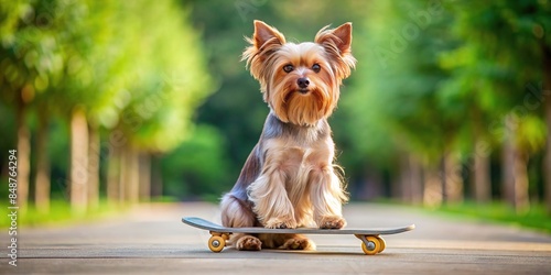 Yorkshire terrier dog confidently riding a skateboard in a park, skateboard, Yorkshire terrier, dog, artificial intelligence, trick