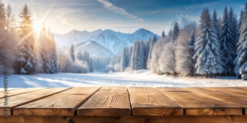 Empty wooden table in front of winter landscape blurred background , winter, snow, empty, wooden table, nature, cold