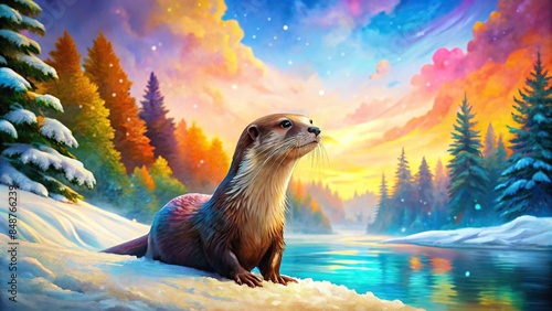 Fantasy adventurer otter exploring a snowy krummholz landscape with vivid colors and visible brushstrokes