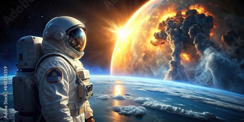Astronaut contemplating nuclear disaster on Earth from space, astronaut, space, stone, planet Earth
