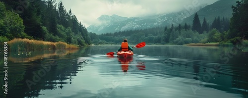 Overweight person in a canoe on a serene lake surrounded by nature and mountains