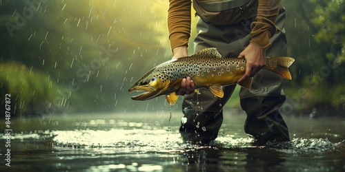 Fishing girl holding a big trout with both hands in the river