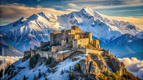 Ancient fortress overlooking a snowy mountain peak, fortress, ancient, snow, mountain, peak, majestic, high, altitude