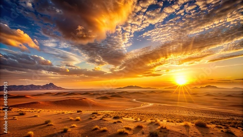 Sunset casting a warm glow over the vast desert landscape, Desert, Sunset, Sky, Horizon, Dusk, Sand dunes, Arid, Remote