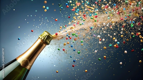 Champagne bottle popping with confetti celebration, Champagne, bottle, confetti, celebration, party, New Year, festive