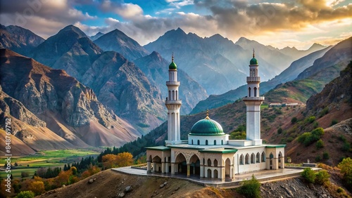 A mosque nestled in the serene mountains, mosque, mountains, peaceful, religious, architecture, nature, landscape